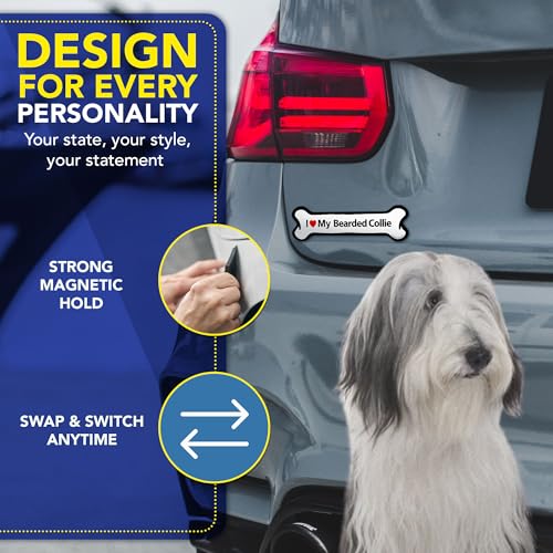 Magnet Me Up I Love My Bearded Collie Bone-Shaped Car Magnet - 2x7 Inches Full-Color Magnetic Decal for Cars Trucks & SUV - Durable UV Vinyl, Weatherproof, Dog Lover Gift Made in The USA