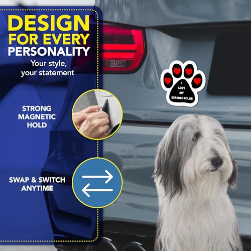 Magnet Me Up I Love My Bearded Collie Pawprint Shaped Car Magnet - 5 Inch Full-Color Magnetic Decal for Cars Trucks & SUV - Durable UV Vinyl, Weatherproof, Dog Lover Gift Made in The USA
