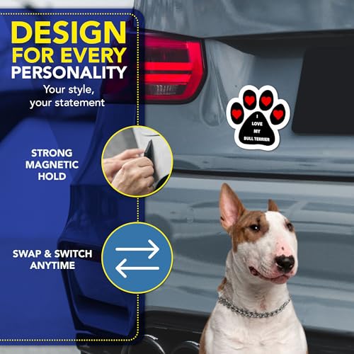 Magnet Me Up I Love My Bull Terrier Dog Pawprint Magnetic Decal for Cars, Trucks & SUV - 5 Inch Durable UV Printed Vinyl - Gift for Dog Lovers Car Magnet, Made in USA