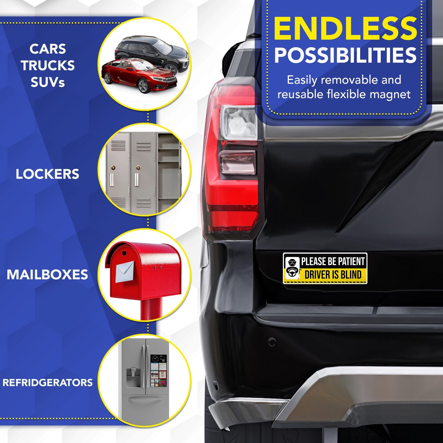 Magnet Me Up Please Be Patient Driver is Blind - 3x8 Inches Funny Car Magnet UV Full-Colors Printed for Gifts, Weatherproof, Cute Magnetic Decal for Cars, Trucks and SUV, Accessories, Made in The USA