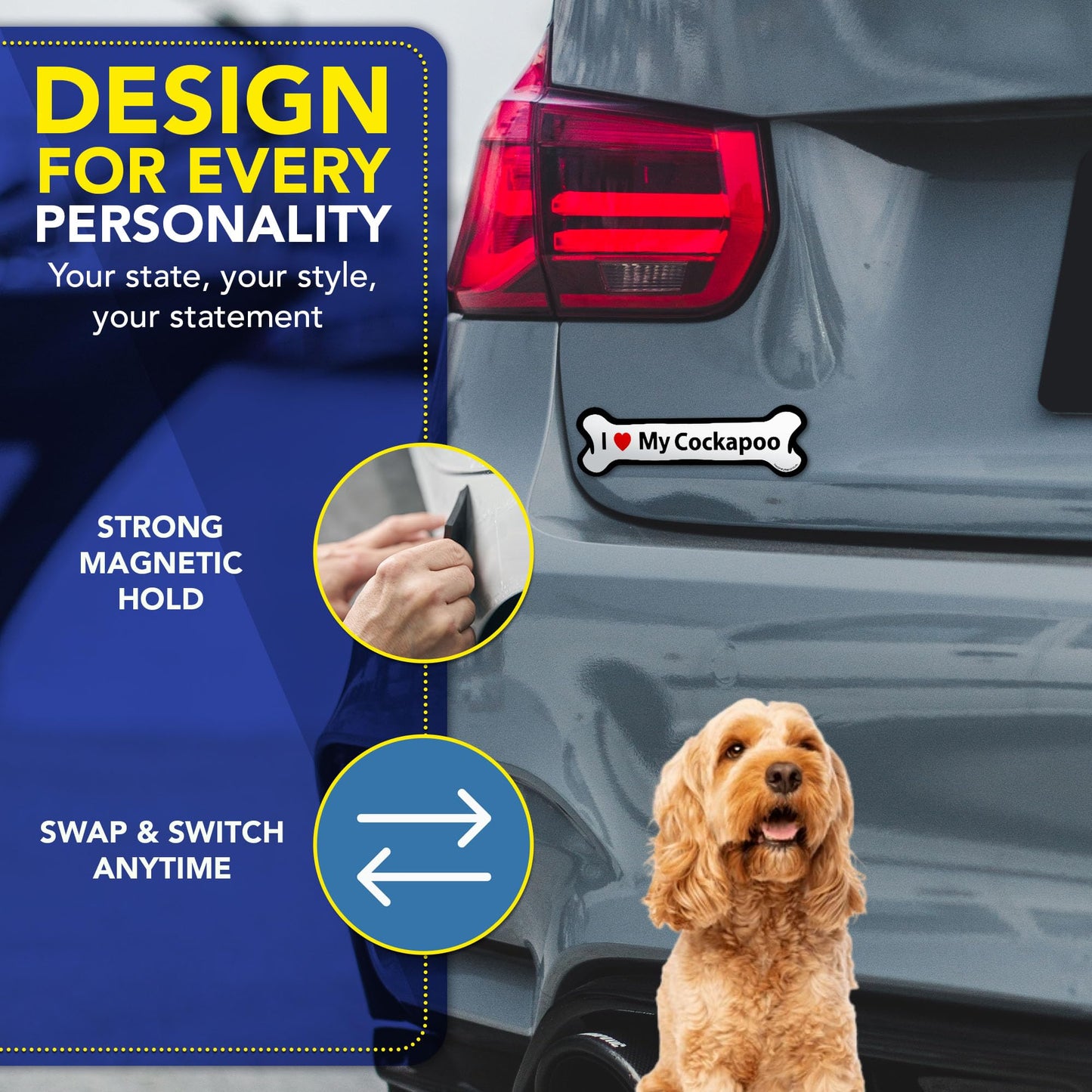 Magnet Me Up I Love My Cockapoo Magnetic Decal - 2x7 Inches Bone-Shaped Car Magnet Gifts for Dog Lover, Full-Color UV Printed Weatherproof Vinyl Accessories for Cars, Trucks & SUV, Made in The USA