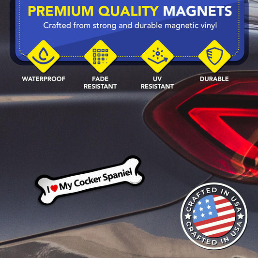Magnet Me Up I Love My Cocker Spaniel Magnetic Decal - 2x7 Inches Bone-Shaped Magnet for Cars, Trucks & SUV, for Dog Lovers, Full-Color UV Printed Weatherproof Vinyl, Made in The USA