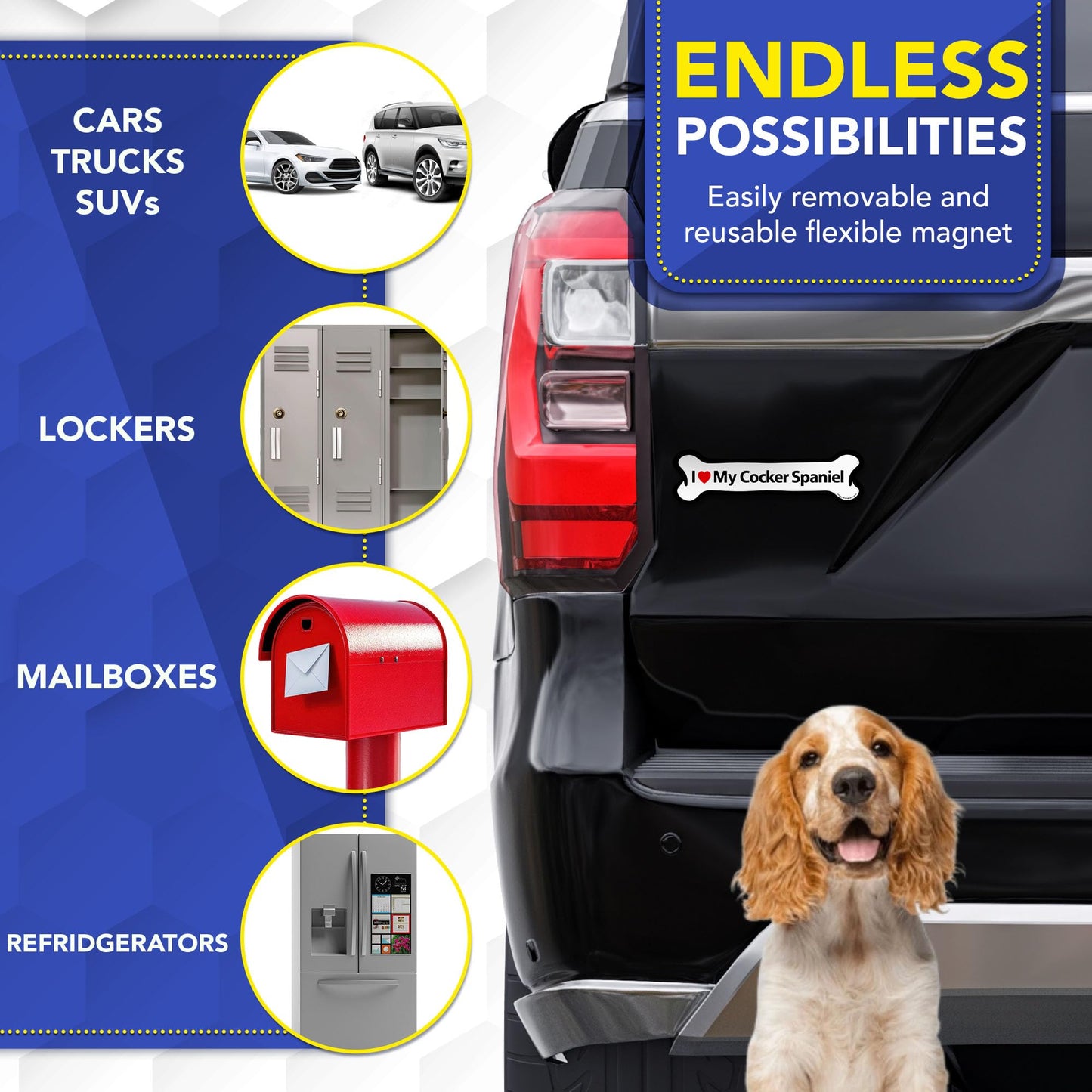 Magnet Me Up I Love My Cocker Spaniel Magnetic Decal - 2x7 Inches Bone-Shaped Magnet for Cars, Trucks & SUV, for Dog Lovers, Full-Color UV Printed Weatherproof Vinyl, Made in The USA