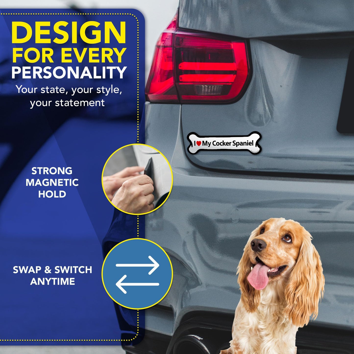 Magnet Me Up I Love My Cocker Spaniel Magnetic Decal - 2x7 Inches Bone-Shaped Magnet for Cars, Trucks & SUV, for Dog Lovers, Full-Color UV Printed Weatherproof Vinyl, Made in The USA