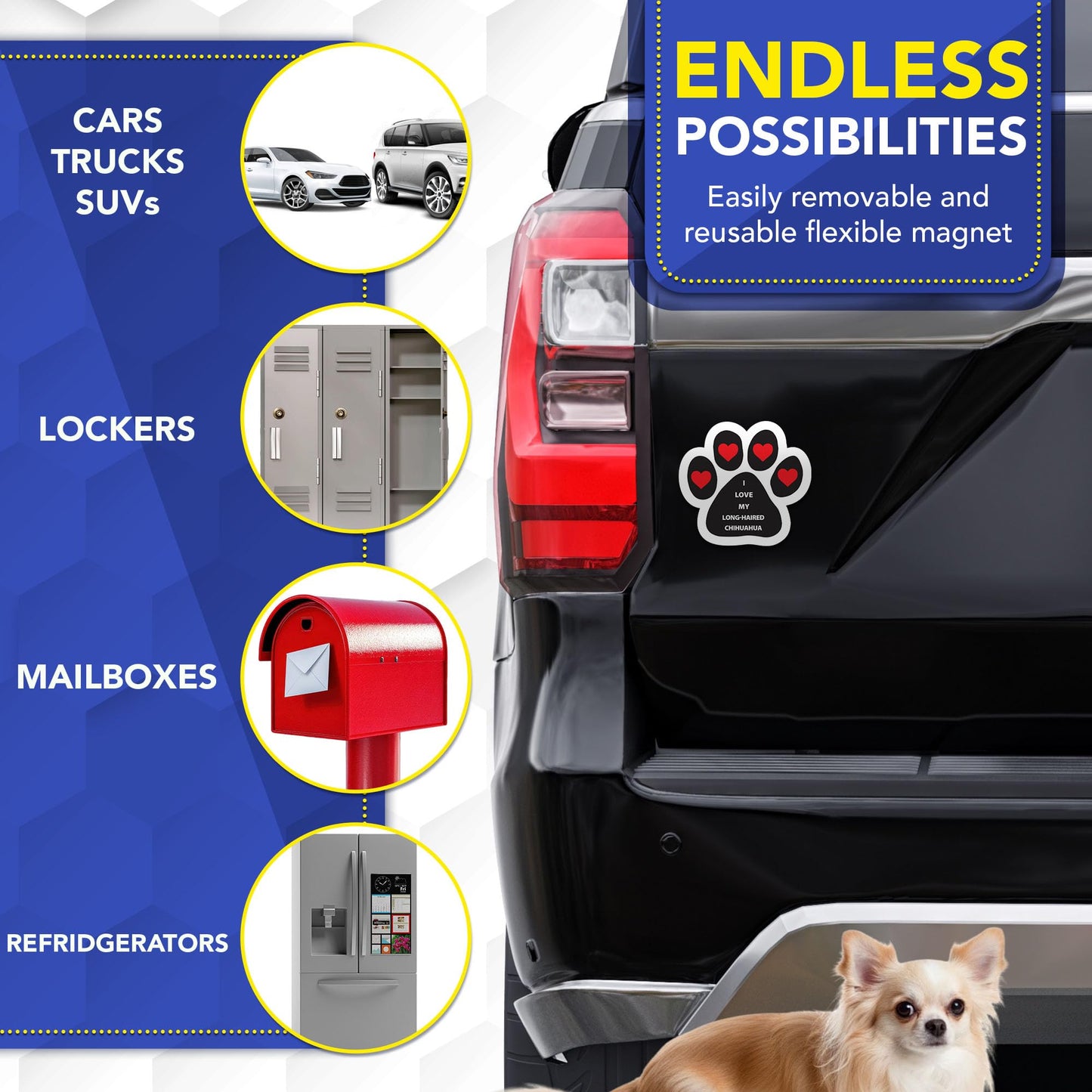 Magnet Me Up I Love My Long-Haired Chihuahua Car Magnet - 5 Inch Pawprint Shaped Magnetic Decal for Cars, Trucks & SUV Gifts for Dog Lovers - Full-Color UV Printed, Weatherproof Vinyl, Made in the USA