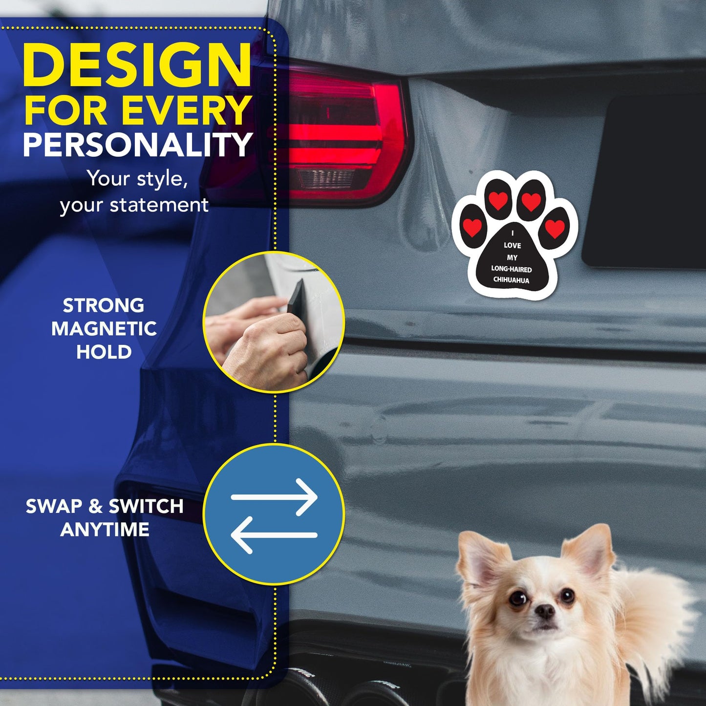 Magnet Me Up I Love My Long-Haired Chihuahua Car Magnet - 5 Inch Pawprint Shaped Magnetic Decal for Cars, Trucks & SUV Gifts for Dog Lovers - Full-Color UV Printed, Weatherproof Vinyl, Made in the USA