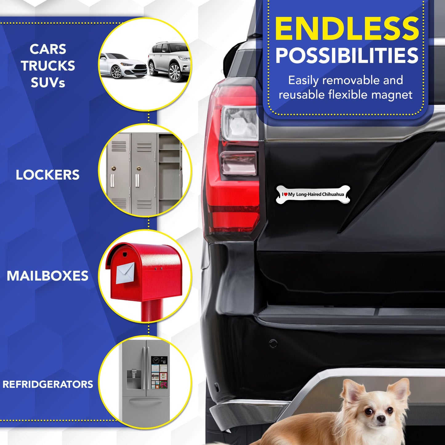 Magnet Me Up I Love My Long-Haired Chihuahua Car Magnet - 2x7 Inches Bone-Shaped Magnetic Decal for Cars, Trucks & SUV Gifts for Dog Lovers- Full Color UV Printed, Weatherproof Vinyl, Made in The USA