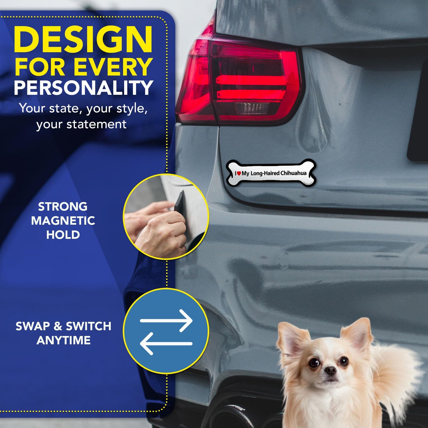 Magnet Me Up I Love My Long-Haired Chihuahua Car Magnet - 2x7 Inches Bone-Shaped Magnetic Decal for Cars, Trucks & SUV Gifts for Dog Lovers- Full Color UV Printed, Weatherproof Vinyl, Made in The USA