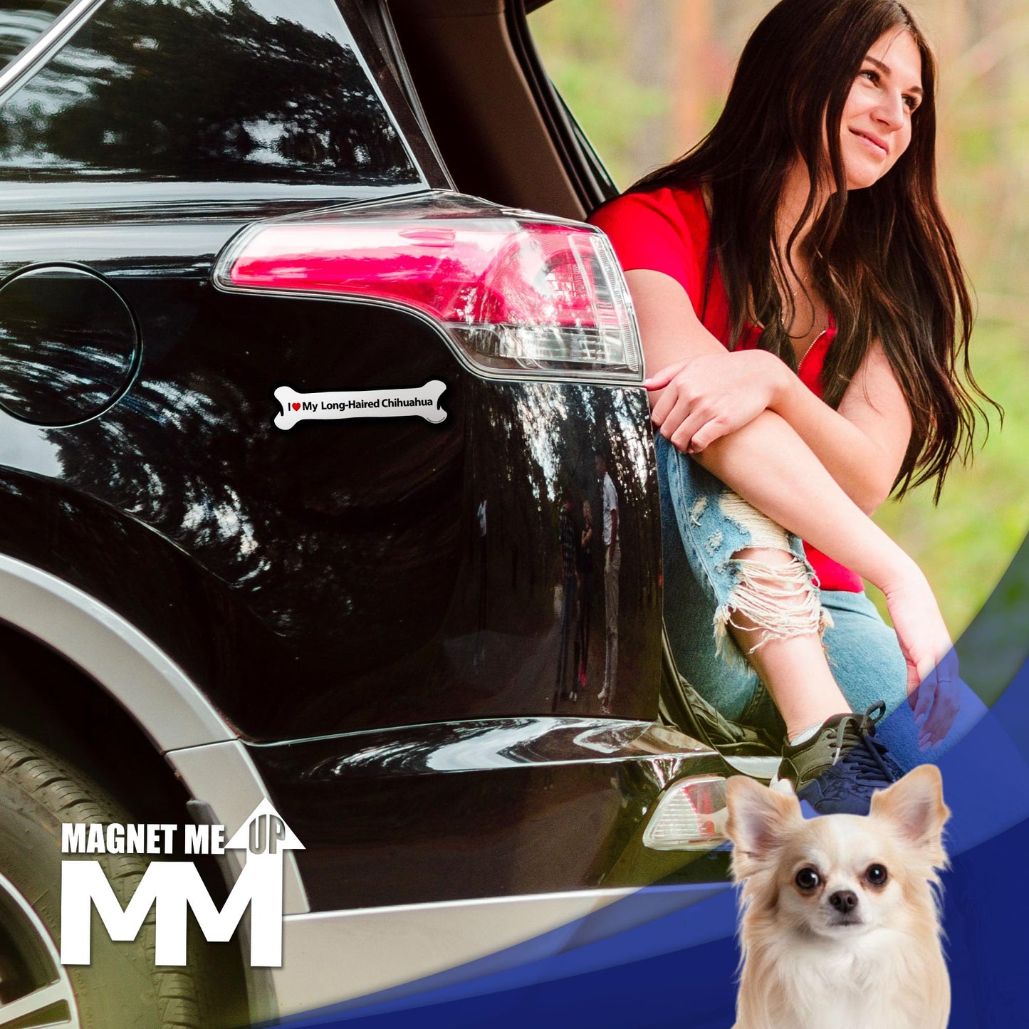 Magnet Me Up I Love My Long-Haired Chihuahua Car Magnet - 2x7 Inches Bone-Shaped Magnetic Decal for Cars, Trucks & SUV Gifts for Dog Lovers- Full Color UV Printed, Weatherproof Vinyl, Made in The USA