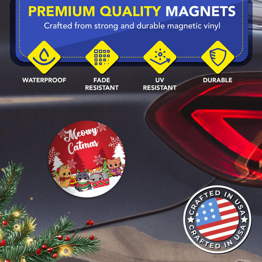 Magnet Me Up Meowy Catmas Magnetic Decal - 5 Inches Round Holiday Christmas Car Magnet Decor, Full-Color UV Printed for Cars, Trucks & SUV, Cat Lover Gift, Durable Weatherproof Magnet, Made in USA