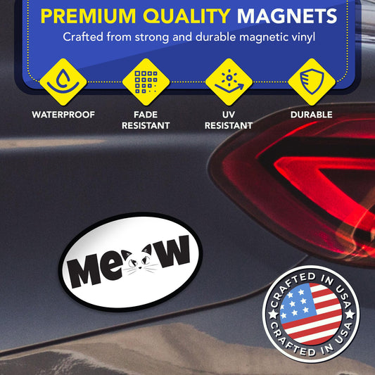 Magnet Me Up Oval Meow Cat White Car Magnet - 4x6 Oval UV Printed Magnetic Decal for Cars, Trucks & SUV for Cat Lover, Weatherproof Vinyl Pet Car Magnet, Made in The USA