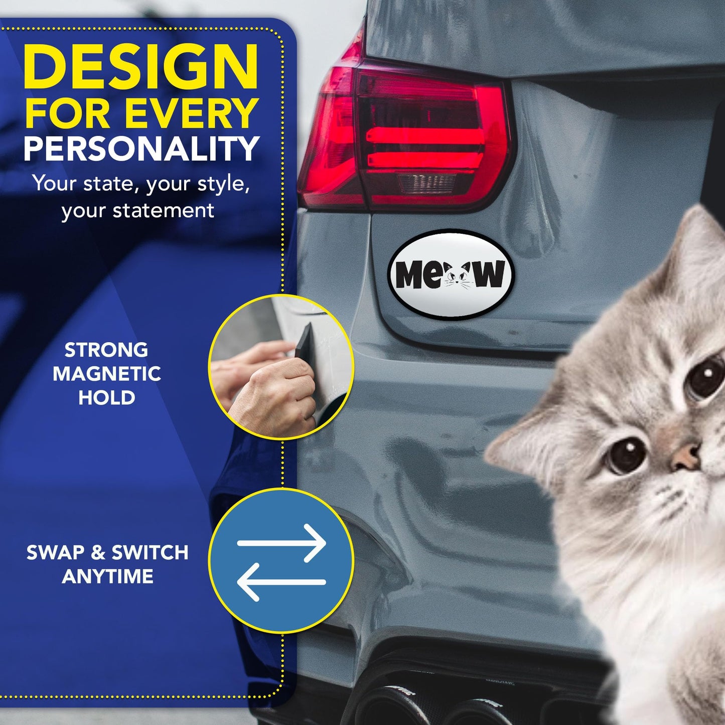 Magnet Me Up Oval Meow Cat White Car Magnet - 4x6 Oval UV Printed Magnetic Decal for Cars, Trucks & SUV for Cat Lover, Weatherproof Vinyl Pet Car Magnet, Made in The USA