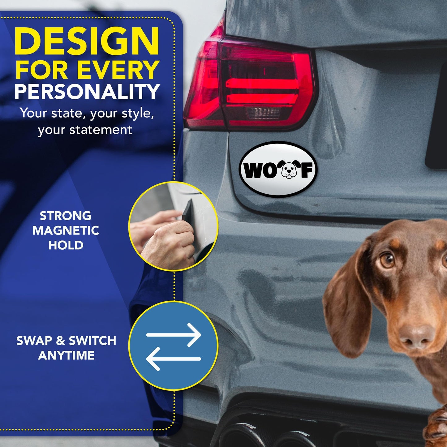 Magnet Me Up Oval WOOF Dog White Car Magnet - 4x6 Oval Full Color UV-Printed Magnetic Decal for Cars, Truck & SUV for Dog Lover, Durable Weatherproof, Made in The USA