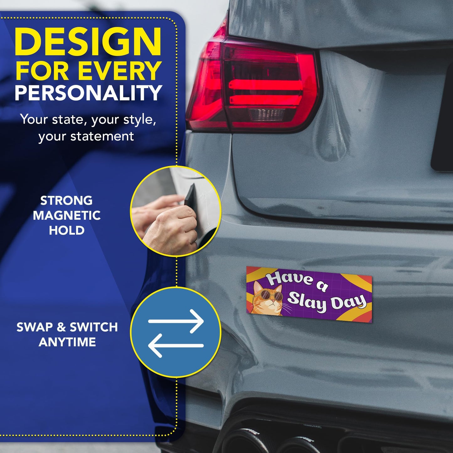 Magnet Me Up "Have a Slay Day" Magnetic Decal for Cars, Trucks & SUV 3x8 Inch Funny Car Magnet with Cool Cat Design, Cute & Sassy Auto Accessory, Full-Color UV Printed Weatherproof Vinyl, Made in USA