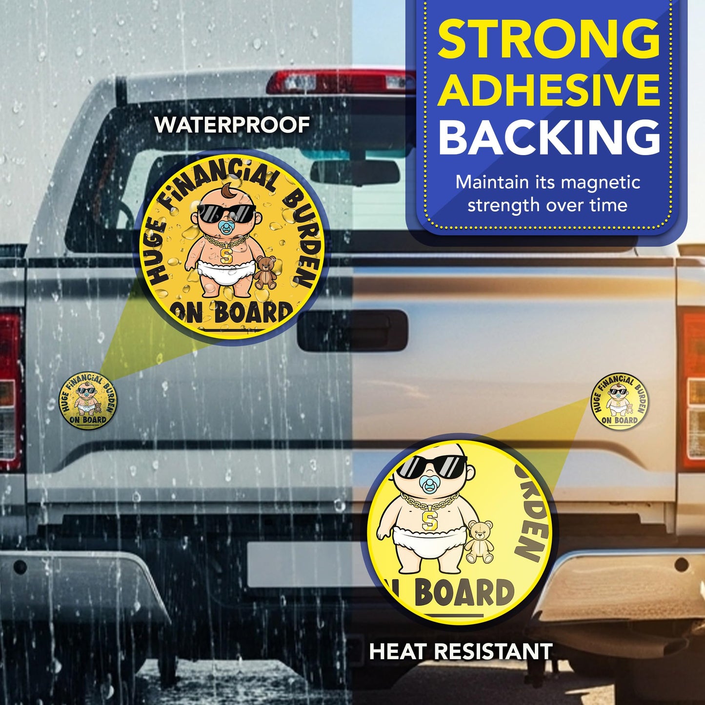 Magnet Me Up Huge Financial Burden On Board Car Magnet - 5 Inch Round Baby on Board Style Magnetic Decal for Cars, Trucks & SUV, Weatherproof Vehicle Accessory, Full Color UV Print, Made in USA