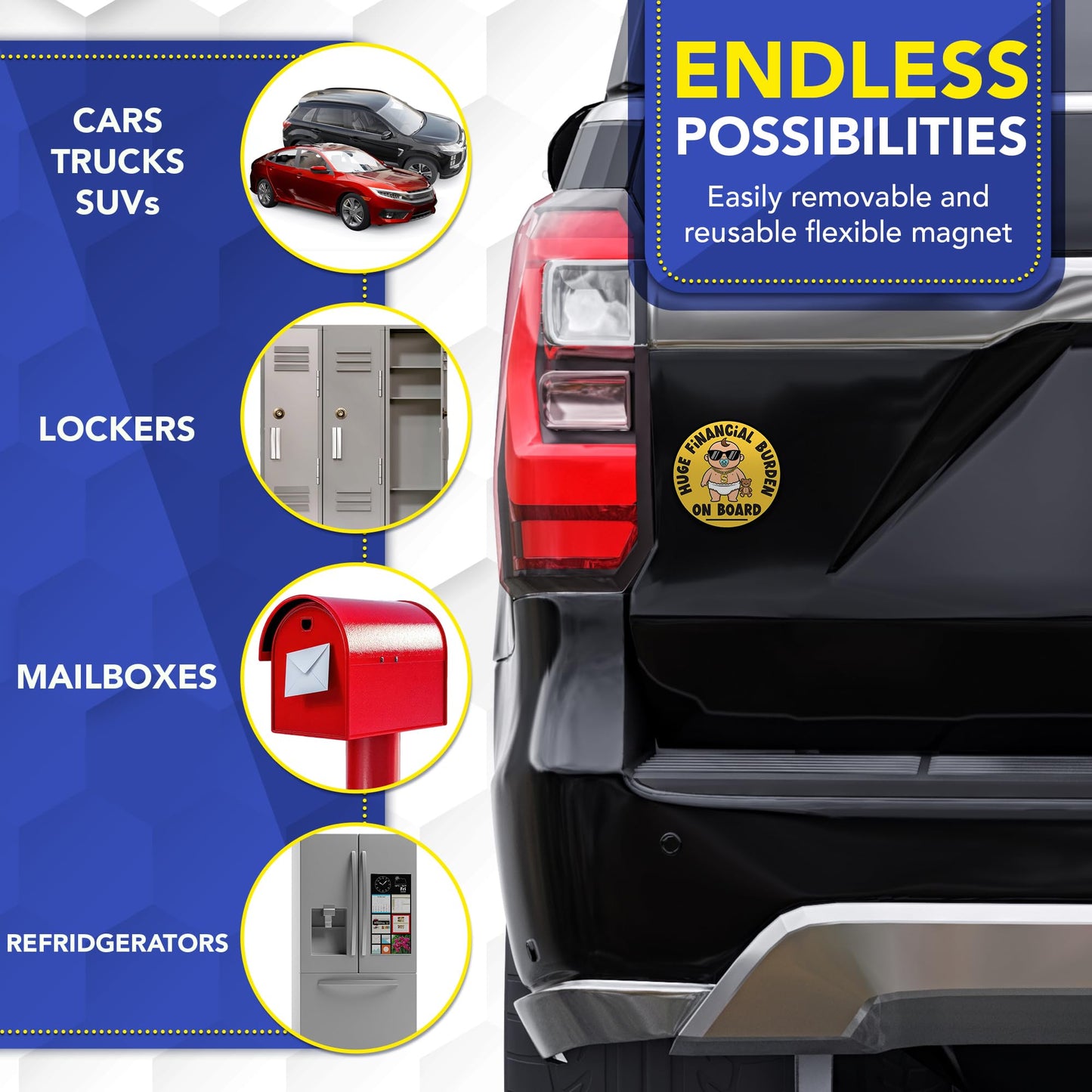 Magnet Me Up Huge Financial Burden On Board Car Magnet - 5 Inch Round Baby on Board Style Magnetic Decal for Cars, Trucks & SUV, Weatherproof Vehicle Accessory, Full Color UV Print, Made in USA