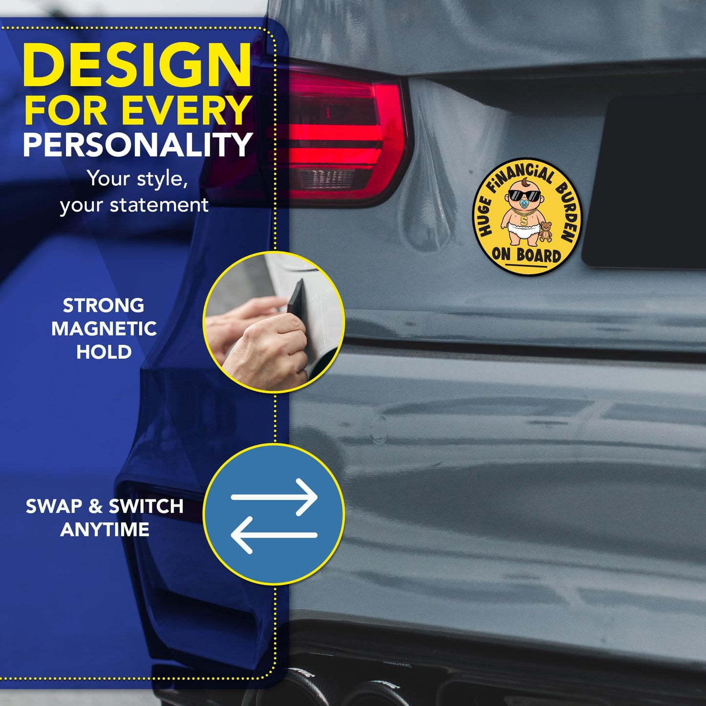 Magnet Me Up Huge Financial Burden On Board Car Magnet - 5 Inch Round Baby on Board Style Magnetic Decal for Cars, Trucks & SUV, Weatherproof Vehicle Accessory, Full Color UV Print, Made in USA
