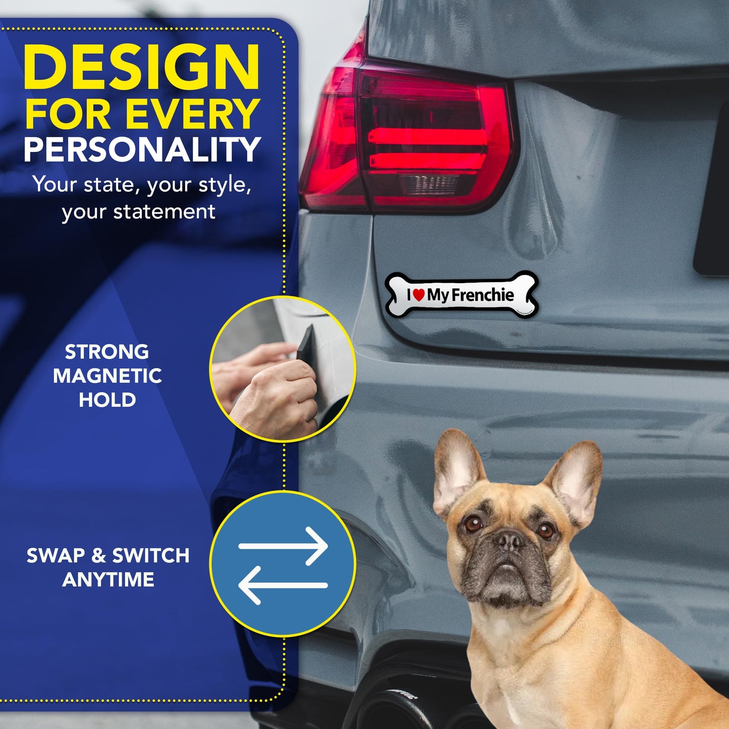Magnet Me Up I Love My Frenchie Dog Car Magnet - 2x7 Inches, Bone Shaped Dog Lover Ideal Gift, Magnetic Decal for Cars, Trucks, & SUVs, Weatherproof, UV-Printed Full Color, Vinyl, Made in USA