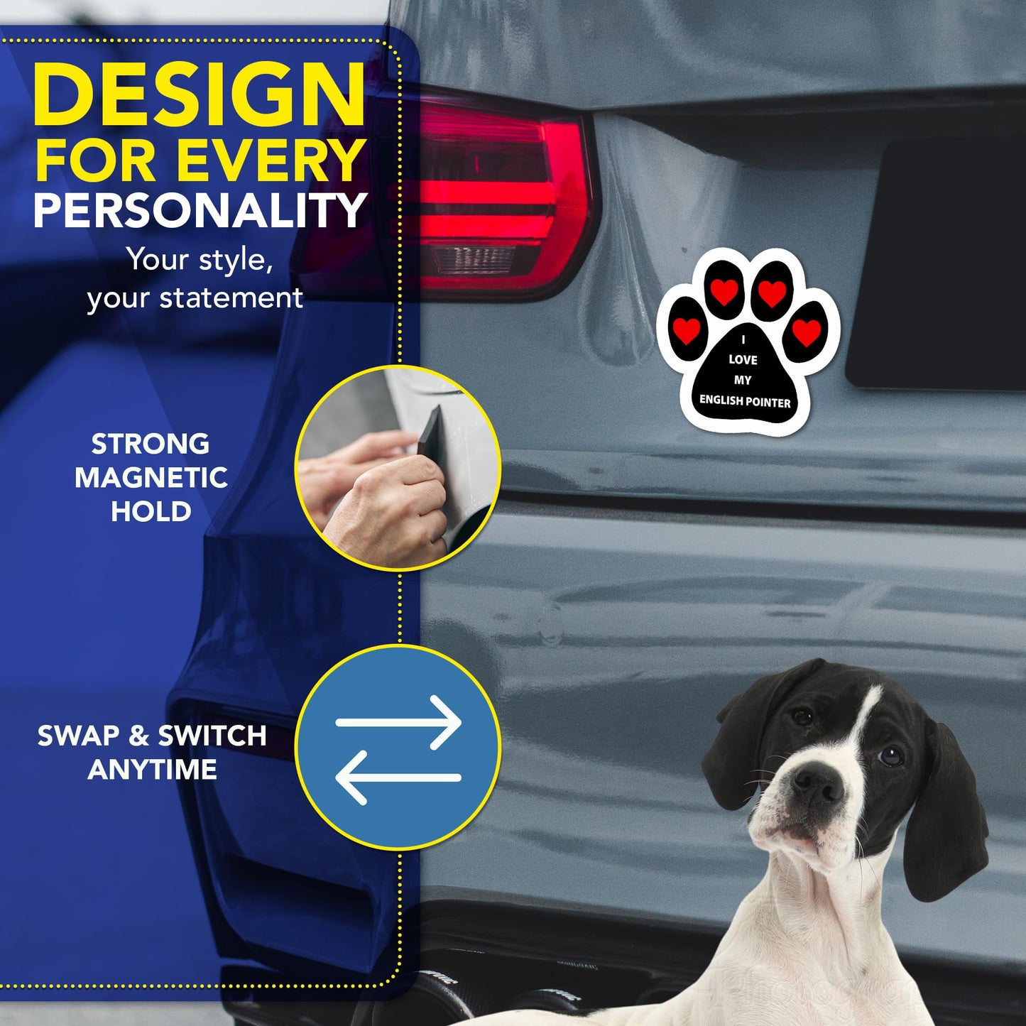 Magnet Me Up I Love My English Pointer Dog Car Magnet - 5x5 Inches, Pawprint Shape Magnetic Decal for Lover Gift, for Cars, Truck, SUV & Fridge, Weatherproof, UV-Printed Full Color Vinyl Made in USA