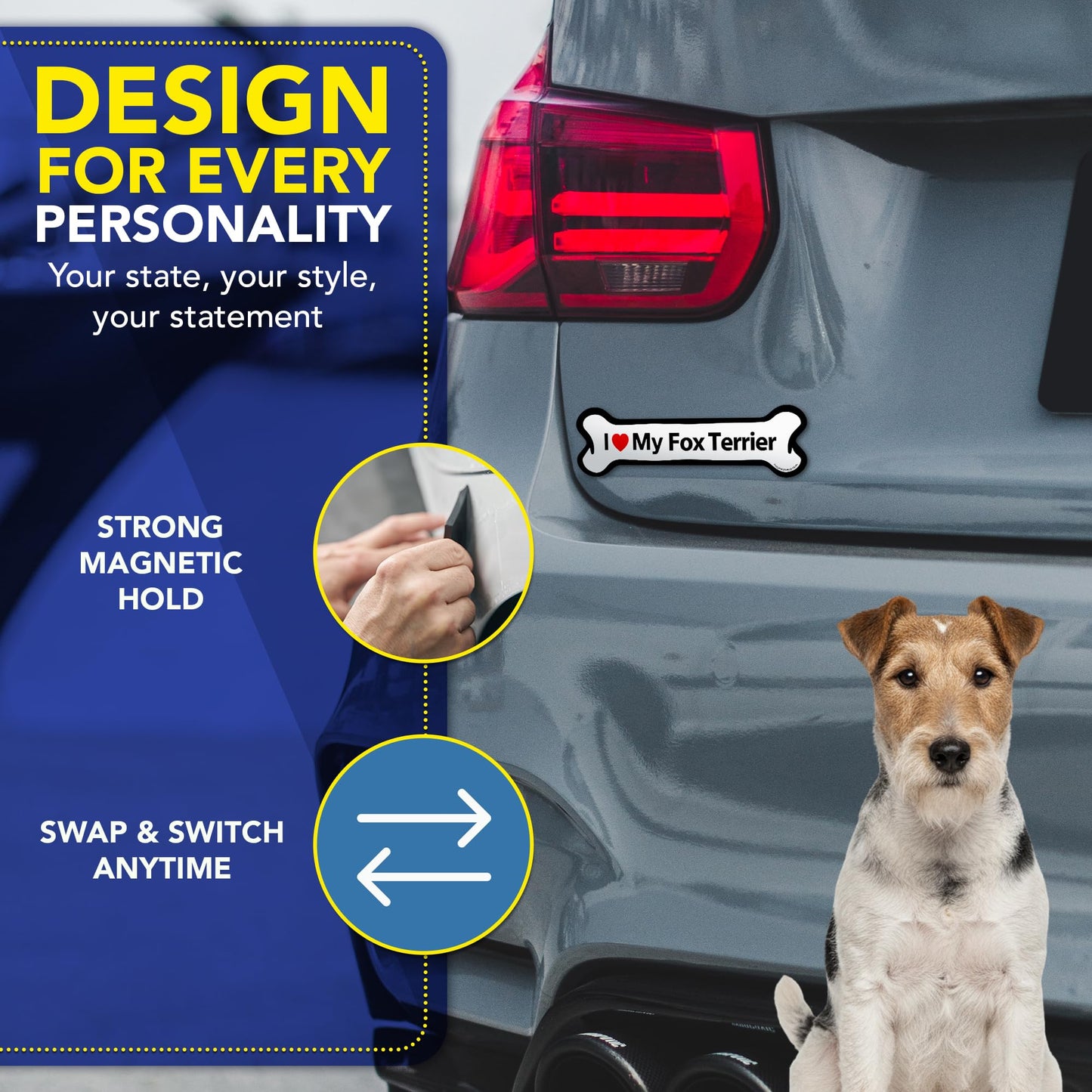 Magnet Me Up I Love My Fox Terrier Car Magnet - 2x7 Inches Bone-Shaped Magnetic Decal for Cars, Trucks and SUVs, Ideal Gift for Dog Lovers, Weatherproof Vinyl UV Printed Full-Color, Made in USA