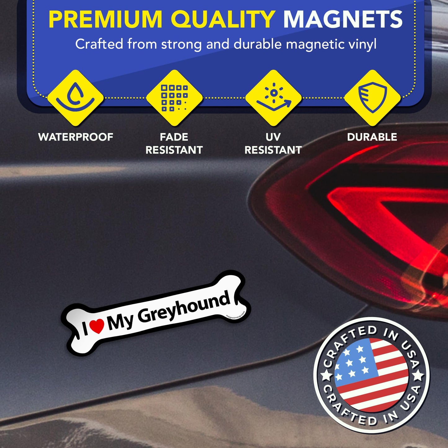 Magnet Me Up I Love My Greyhound Bone-Shaped Car Magnet - 2x7 Inches Magnetic Decal for Cars, Trucks and SUVs, Ideal Gift for Dog Lovers, Weatherproof UV Printed Full-Color, Vinyl, Made in USA