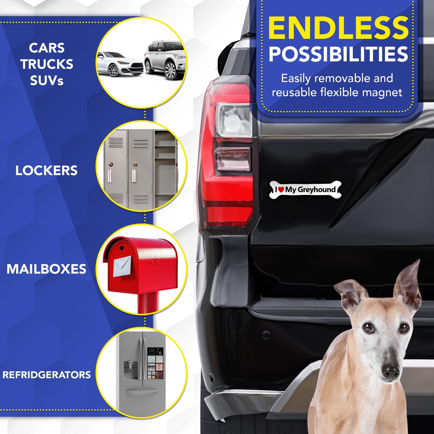 Magnet Me Up I Love My Greyhound Bone-Shaped Car Magnet - 2x7 Inches Magnetic Decal for Cars, Trucks and SUVs, Ideal Gift for Dog Lovers, Weatherproof UV Printed Full-Color, Vinyl, Made in USA