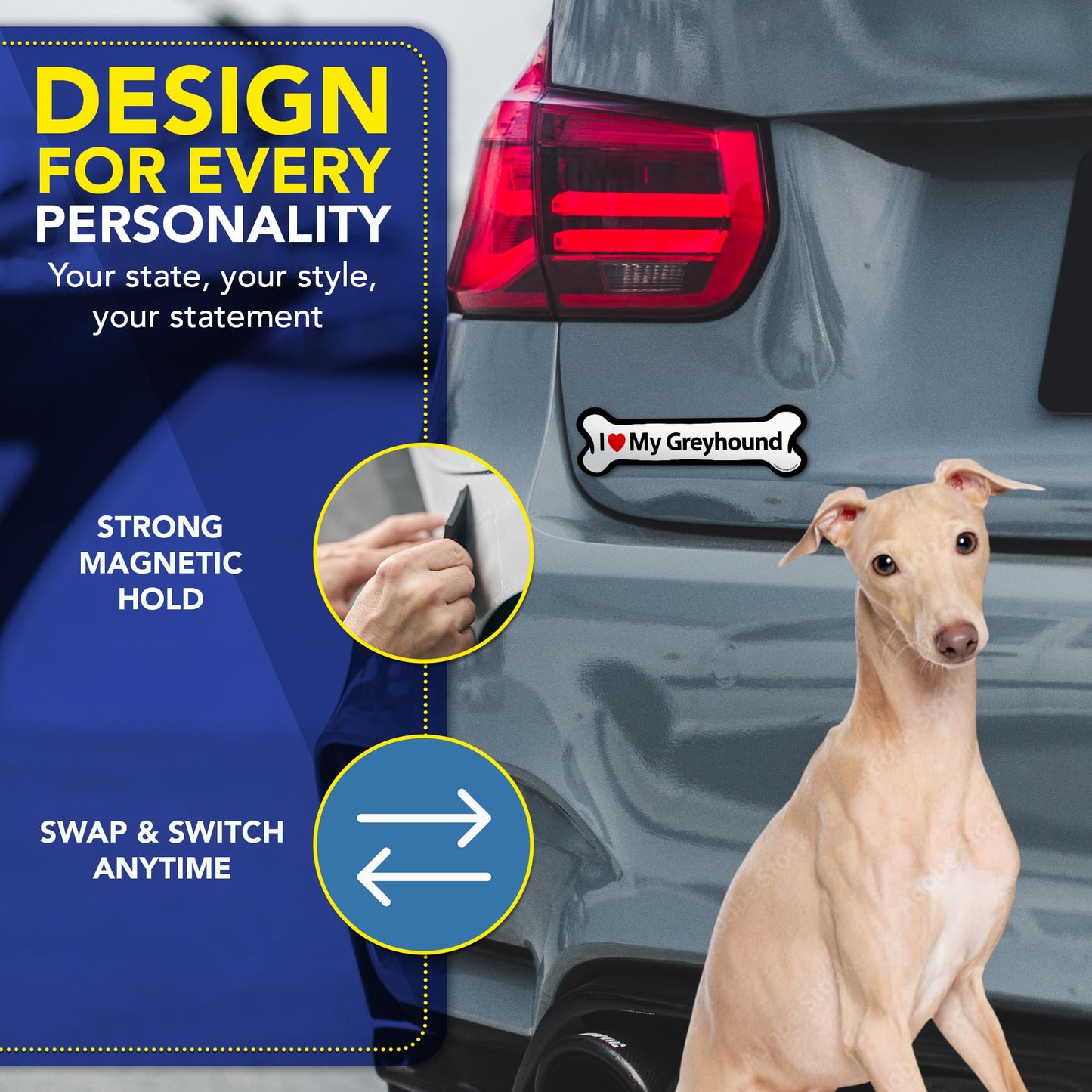 Magnet Me Up I Love My Greyhound Bone-Shaped Car Magnet - 2x7 Inches Magnetic Decal for Cars, Trucks and SUVs, Ideal Gift for Dog Lovers, Weatherproof UV Printed Full-Color, Vinyl, Made in USA
