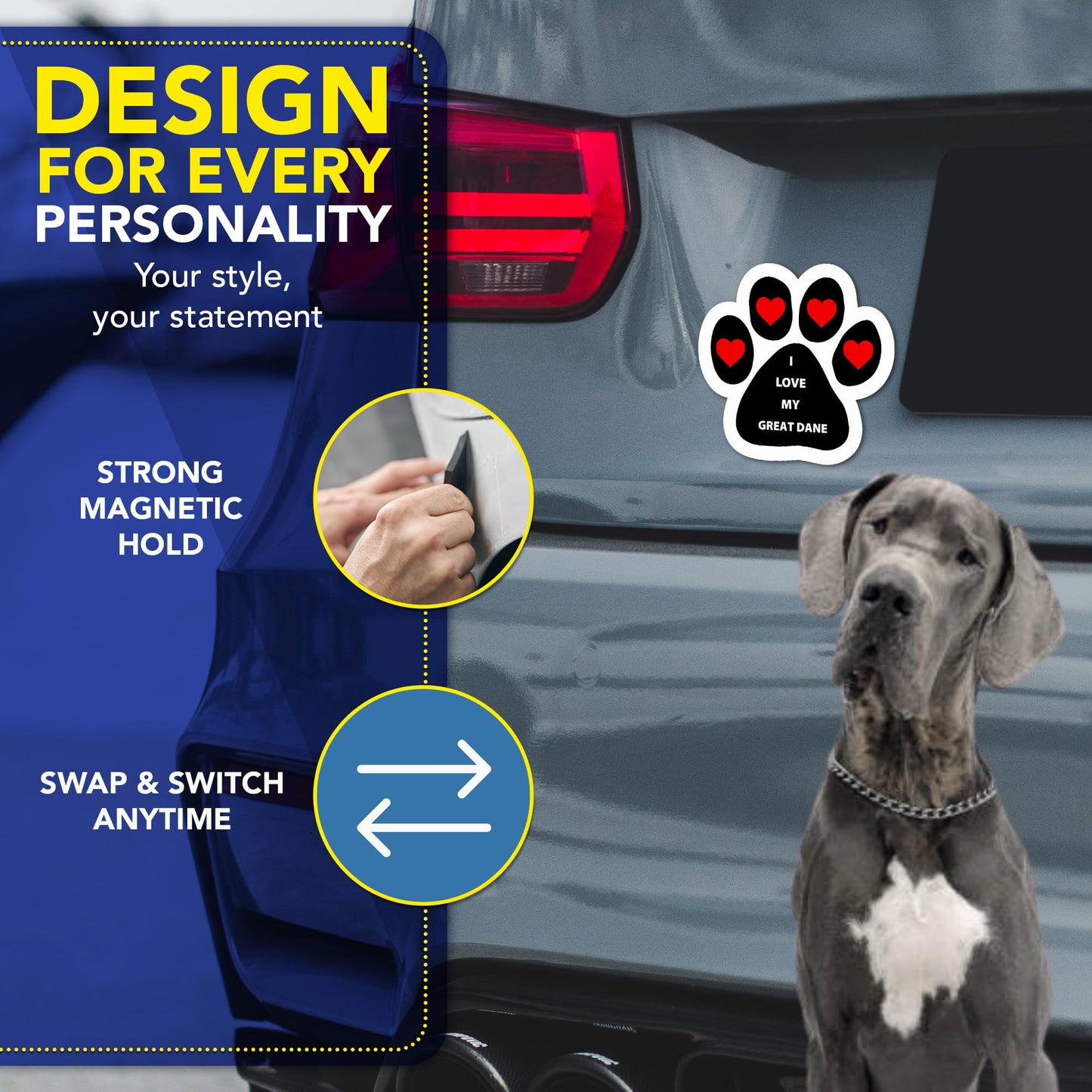 Magnet Me Up I Love My Great Dane Pawprint Shape Car Magnet - 5 Inches, Magnetic Decal for Cars, Trucks and SUVs, Ideal Gift for Dog Lovers, Weatherproof UV Printed Full-Color, Vinyl, Made in USA