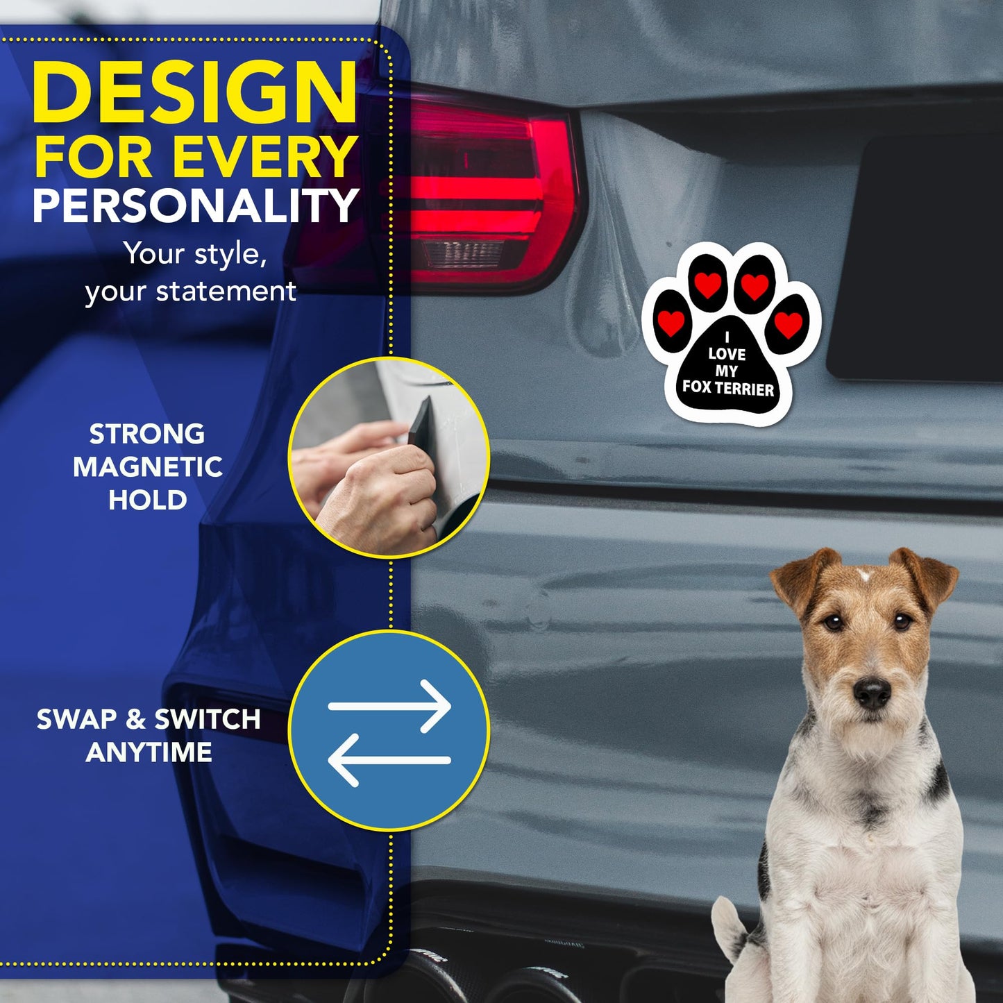 Magnet Me Up I Love My Fox Terrier Car Magnet - 5x5 Inches Pawprint Shape Magnetic Decal for Cars, Trucks and SUVs, Ideal Gift for Dog Lovers, Weatherproof Vinyl UV Printed Full-Color, Made in USA