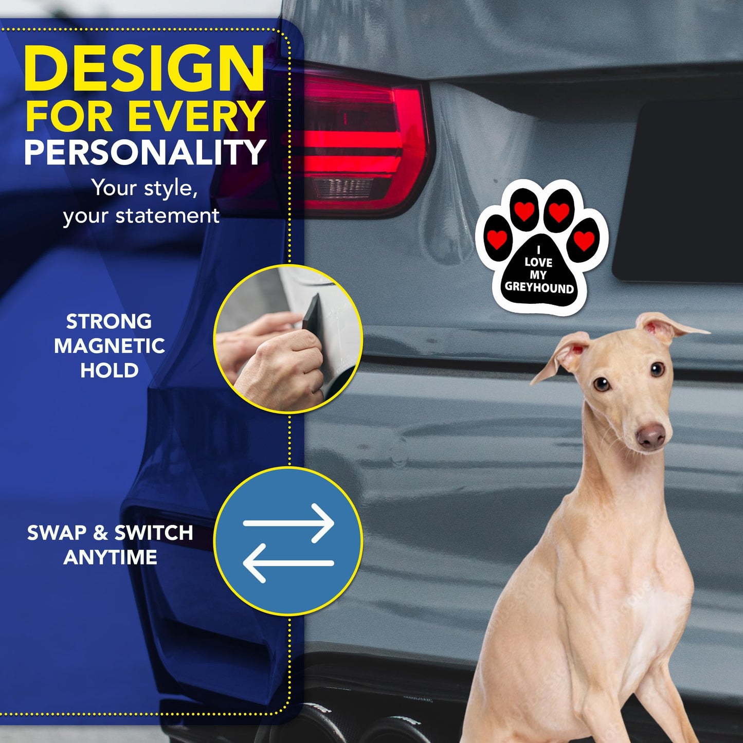 Magnet Me Up I Love My Greyhound Pawprint-Shaped Car Magnet - 5 Inches Magnetic Decal for Cars, Trucks and SUVs, Ideal Gift for Dog Lovers, Weatherproof UV Printed Full-Color, Vinyl, Made in USA