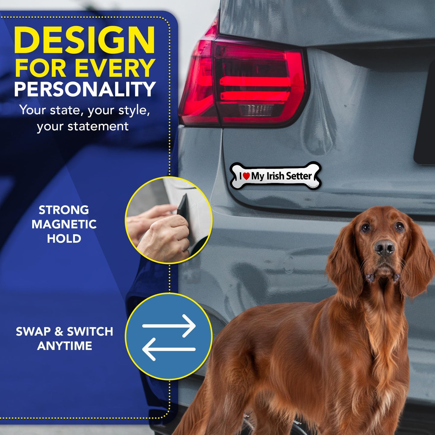 Magnet Me Up I Love My Irish Setter Car Magnet Bone Shape 2x7 Inches - Ideal Gift for Dog Lovers Accessory, Magnetic Decal for Car, Truck & SUV Full-Color UV Printed Weatherproof Vinyl, Made in USA