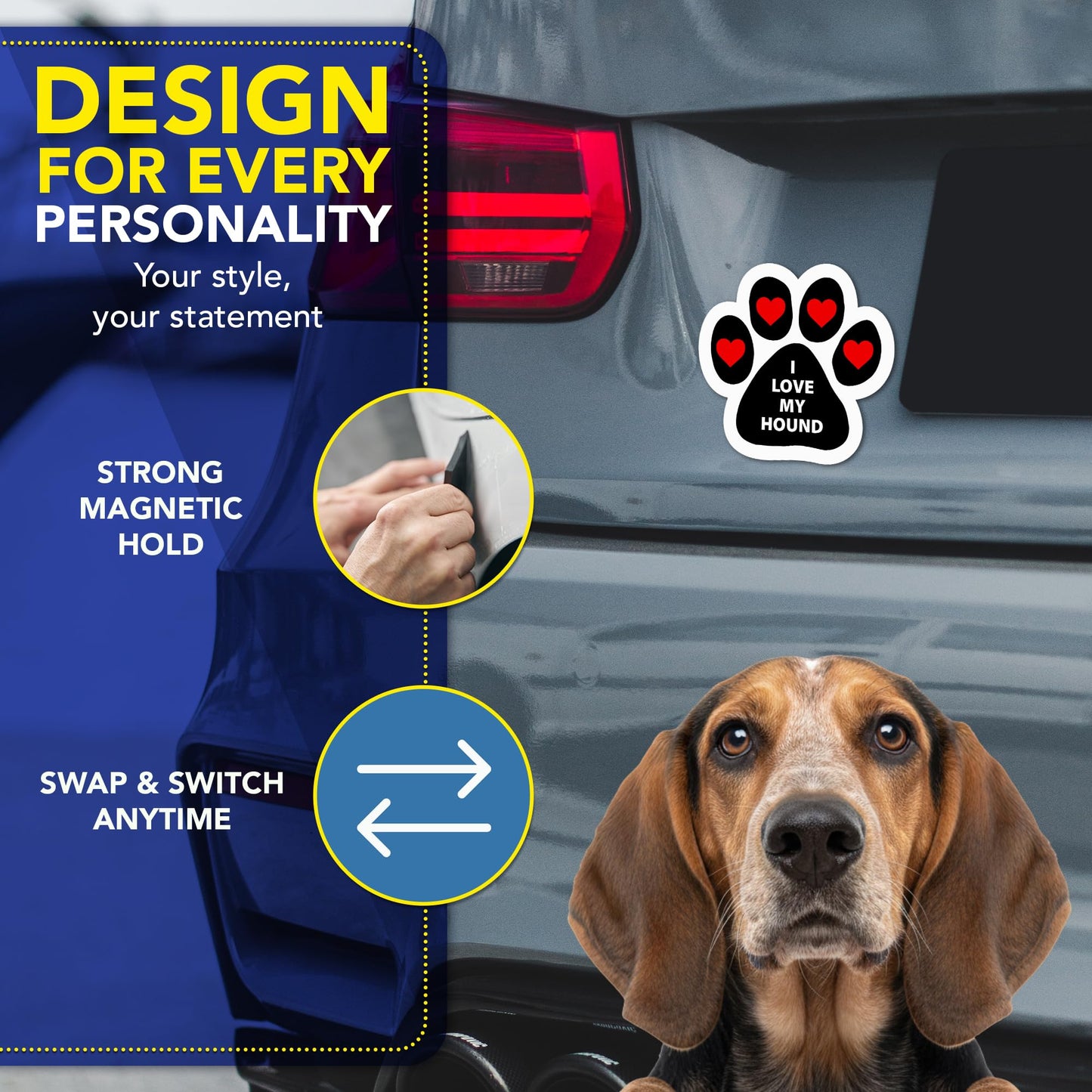 Magnet Me Up I Love My Hound Pawprint Shape Car Magnet - 5 Inches Magnetic Decal for Cars, Trucks and SUVs, Ideal Gift for Dog Lover Accessory, Full-Color UV Printed Weatherproof Vinyl, Made in USA