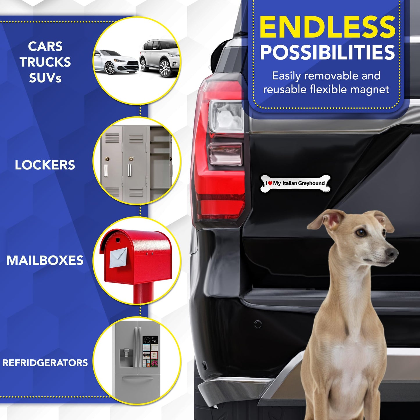 Magnet Me Up I Love My Italian Greyhound Car Magnet - 2x7 Inches Bone-Shaped Magnetic Decal for Cars, Trucks and SUVs, Ideal Gift for Dog Lover, Full Color Weatherproof Durable Vinyl, Made in USA