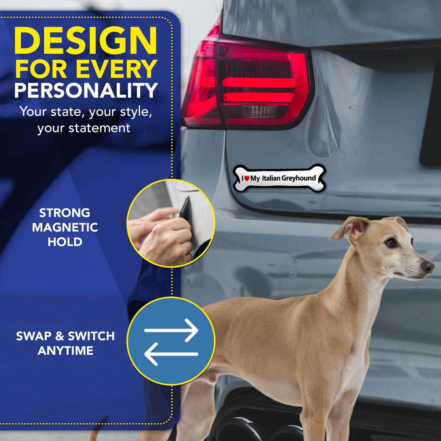 Magnet Me Up I Love My Italian Greyhound Car Magnet - 2x7 Inches Bone-Shaped Magnetic Decal for Cars, Trucks and SUVs, Ideal Gift for Dog Lover, Full Color Weatherproof Durable Vinyl, Made in USA