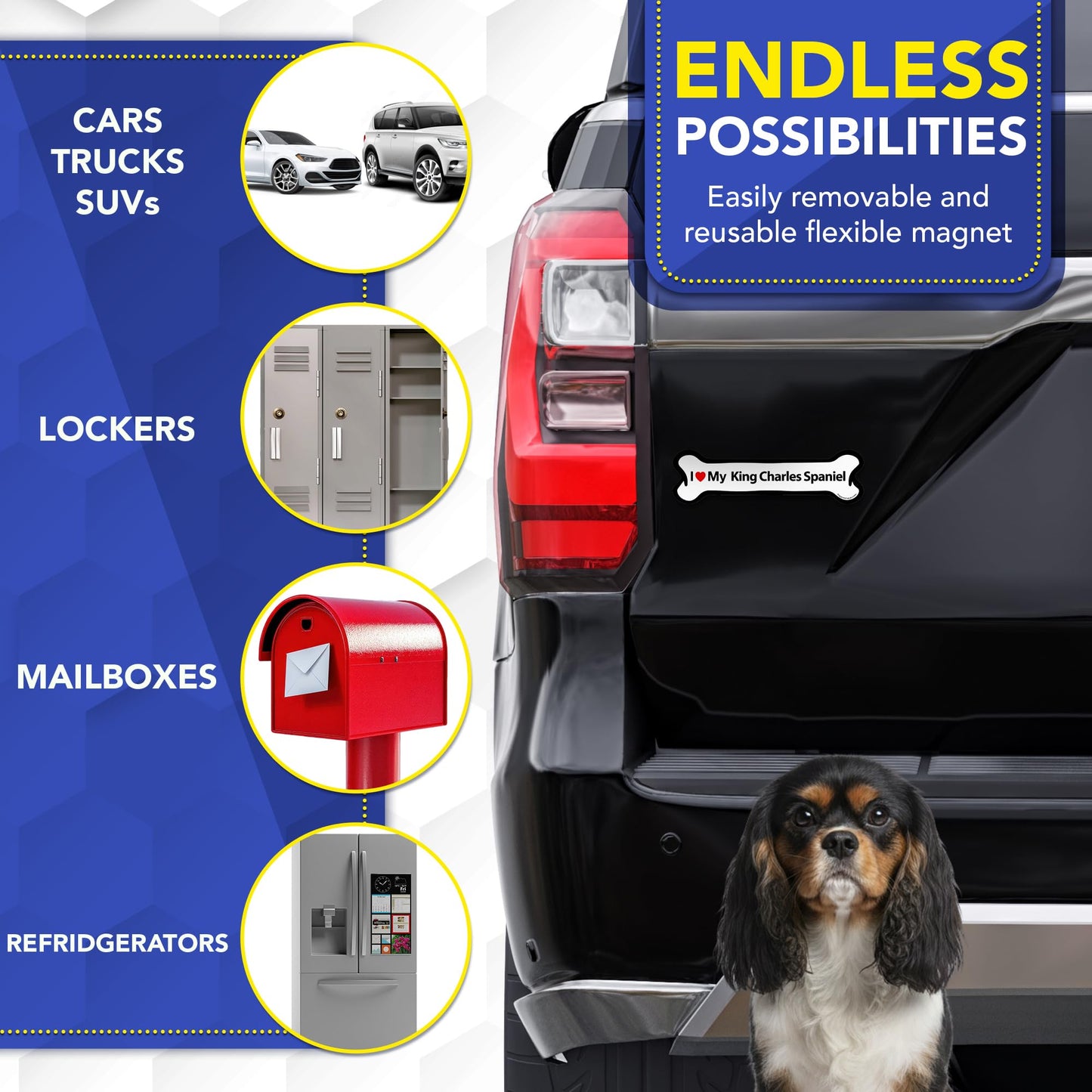 Magnet Me Up I Love My King Charles Spaniel Bone-Shaped Car Magnet - 2x7 Inches Magnetic Decal for Cars, Trucks and SUVs, Ideal Gift Dog Lover, Full-Color Weatherproof Durable Vinyl, Made in USA