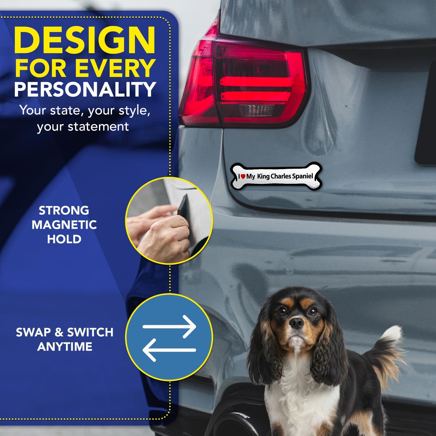 Magnet Me Up I Love My King Charles Spaniel Bone-Shaped Car Magnet - 2x7 Inches Magnetic Decal for Cars, Trucks and SUVs, Ideal Gift Dog Lover, Full-Color Weatherproof Durable Vinyl, Made in USA