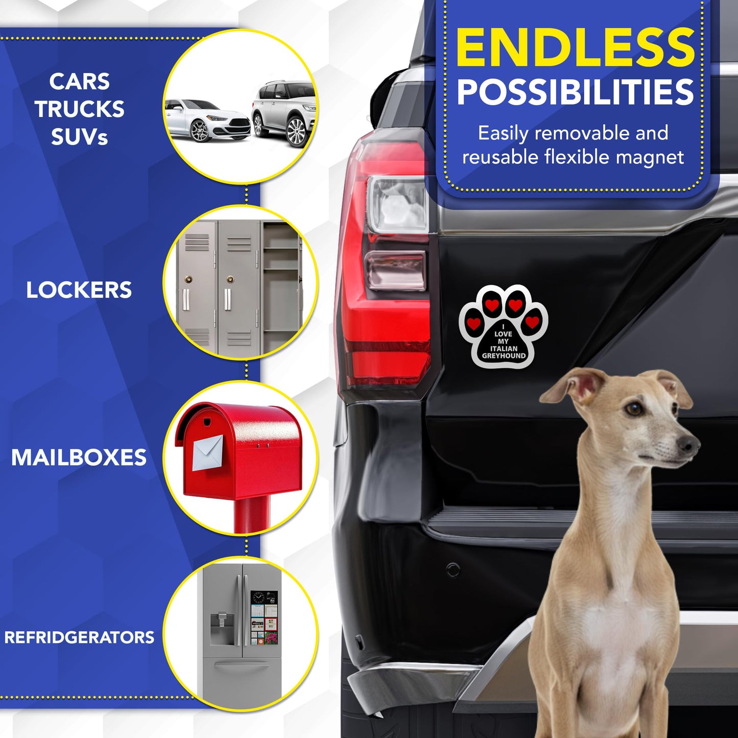Magnet Me Up I Love My Italian Greyhound Car Magnet - 5 Inches Pawprint Shape Magnetic Decal for Cars, Trucks and SUVs, Ideal Gift for Dog Lover, Full Color Weatherproof Durable Vinyl, Made in USA