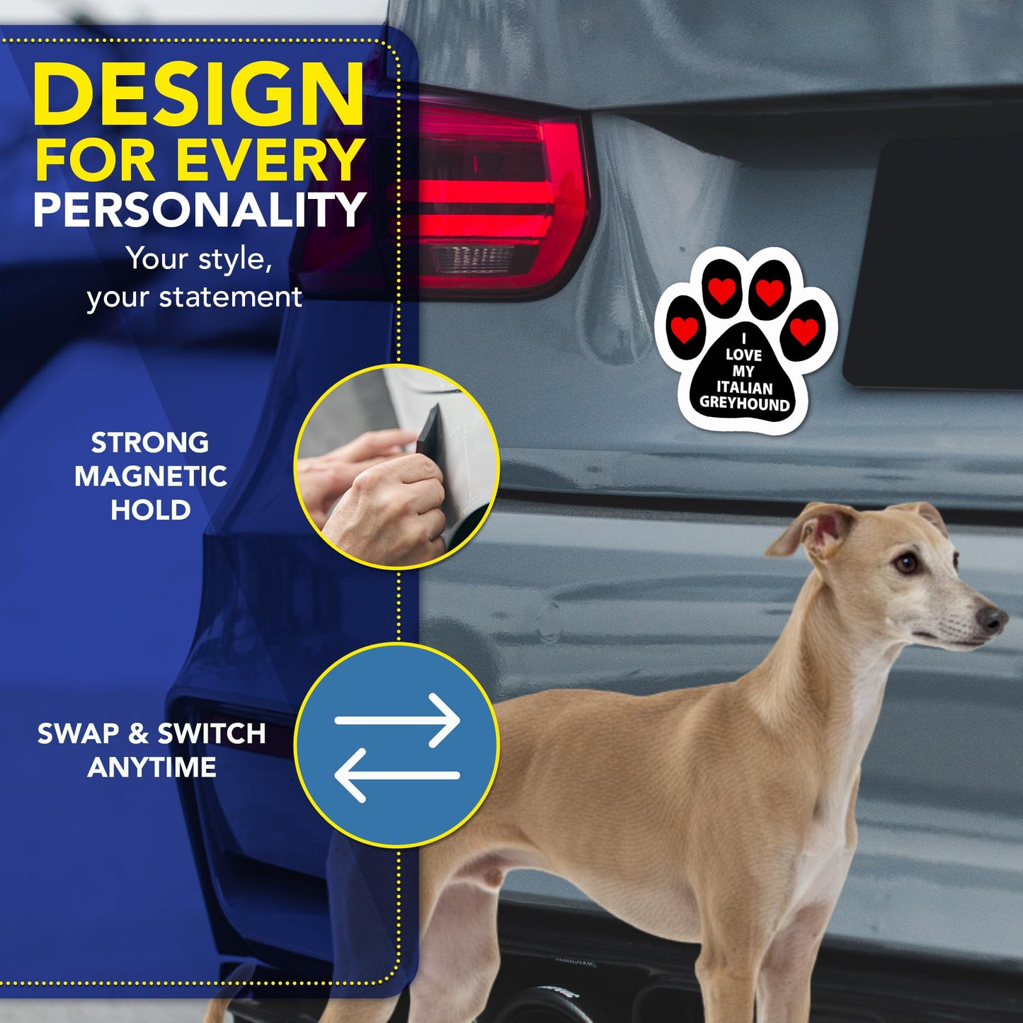 Magnet Me Up I Love My Italian Greyhound Car Magnet - 5 Inches Pawprint Shape Magnetic Decal for Cars, Trucks and SUVs, Ideal Gift for Dog Lover, Full Color Weatherproof Durable Vinyl, Made in USA