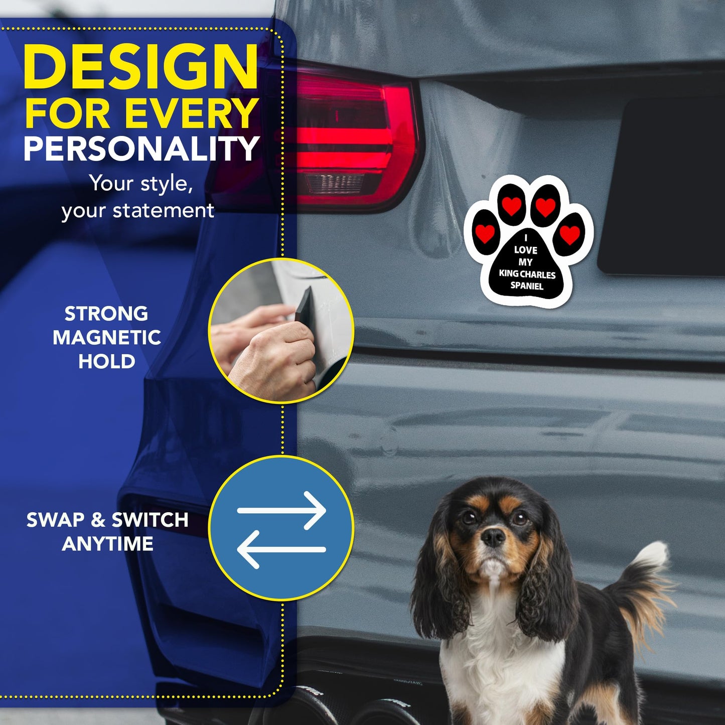 Magnet Me Up I Love My King Charles Spaniel Pawprint Shape Car Magnet - 5 Inches Magnetic Decal for Cars, Trucks and SUVs, Ideal Gift Dog Lover, Full-Color Weatherproof Durable Vinyl, Made in USA