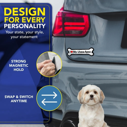 Magnet Me Up I Love My Lhasa Apso Car Magnet - Dog Lover Gift, 2x7 Inches Bone Shaped Magnetic Decal Sign for Cars, Trucks and SUVs - Weatherproof Vinyl, UV-Printed Full Color, Made in USA