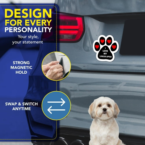 Magnet Me Up I Love My Lhasa Apso Car Magnet - Dog Lover Gift, 5 Inches Pawprint Shaped Magnetic Decal Sign for Cars, Trucks and SUVs - Weatherproof Vinyl, UV-Printed Full Color, Made in USA
