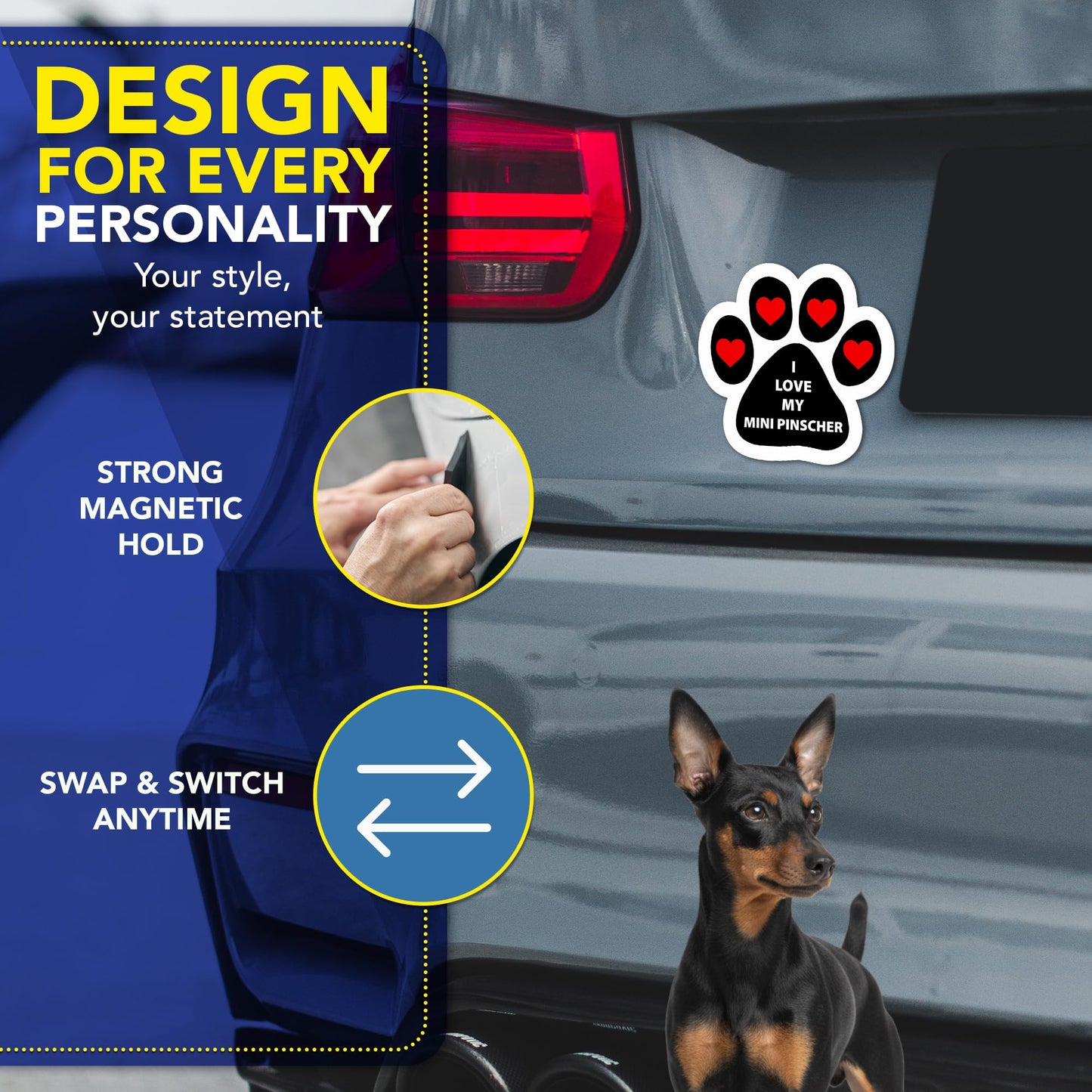 Magnet Me Up I Love My Mini Pinscher 5x5 Inches Pawprint Magnetic Decal for Cars, Trucks and SUVs, Ideal Gift for Dog Lover, Car Magnet Accessories, Full-Color UV Printed Weatherproof, Made in USA