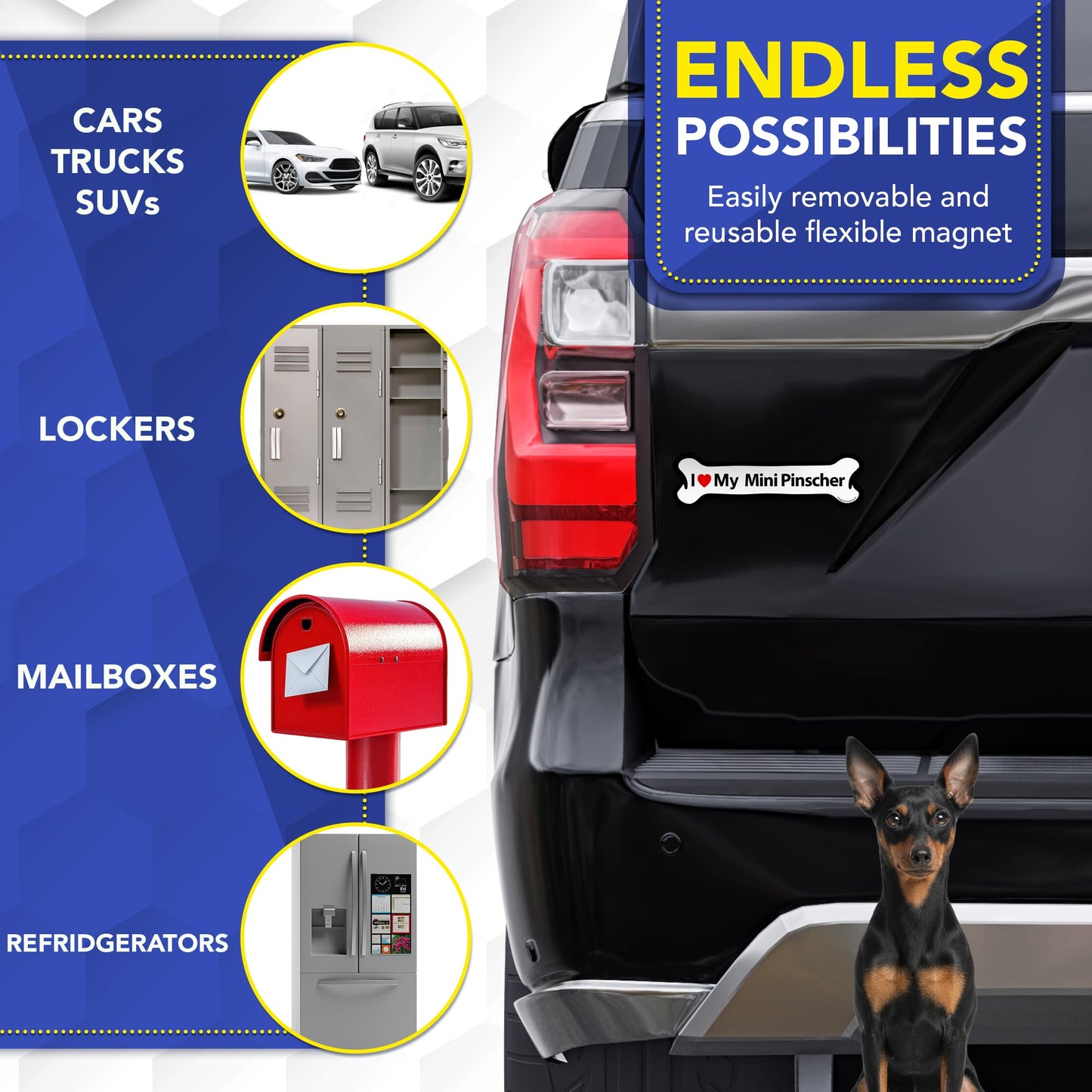Magnet Me Up I Love My Mini Pinscher 2x7 Inches Bone-Shape Magnetic Decal for Cars, Trucks and SUVs, Ideal Gift for Dog Lover, Car Magnet Accessories, Full-Color UV Printed Weatherproof, Made in USA