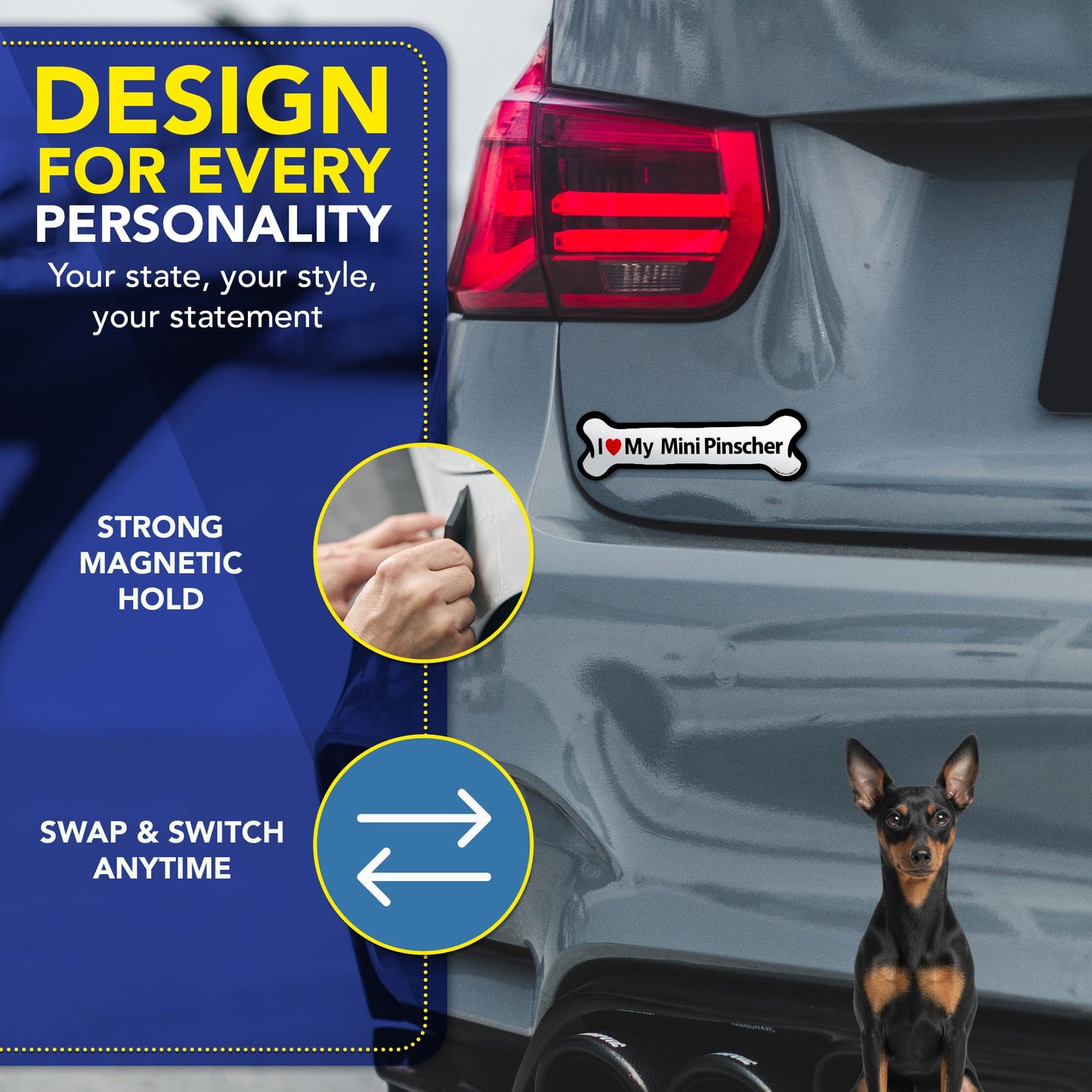 Magnet Me Up I Love My Mini Pinscher 2x7 Inches Bone-Shape Magnetic Decal for Cars, Trucks and SUVs, Ideal Gift for Dog Lover, Car Magnet Accessories, Full-Color UV Printed Weatherproof, Made in USA