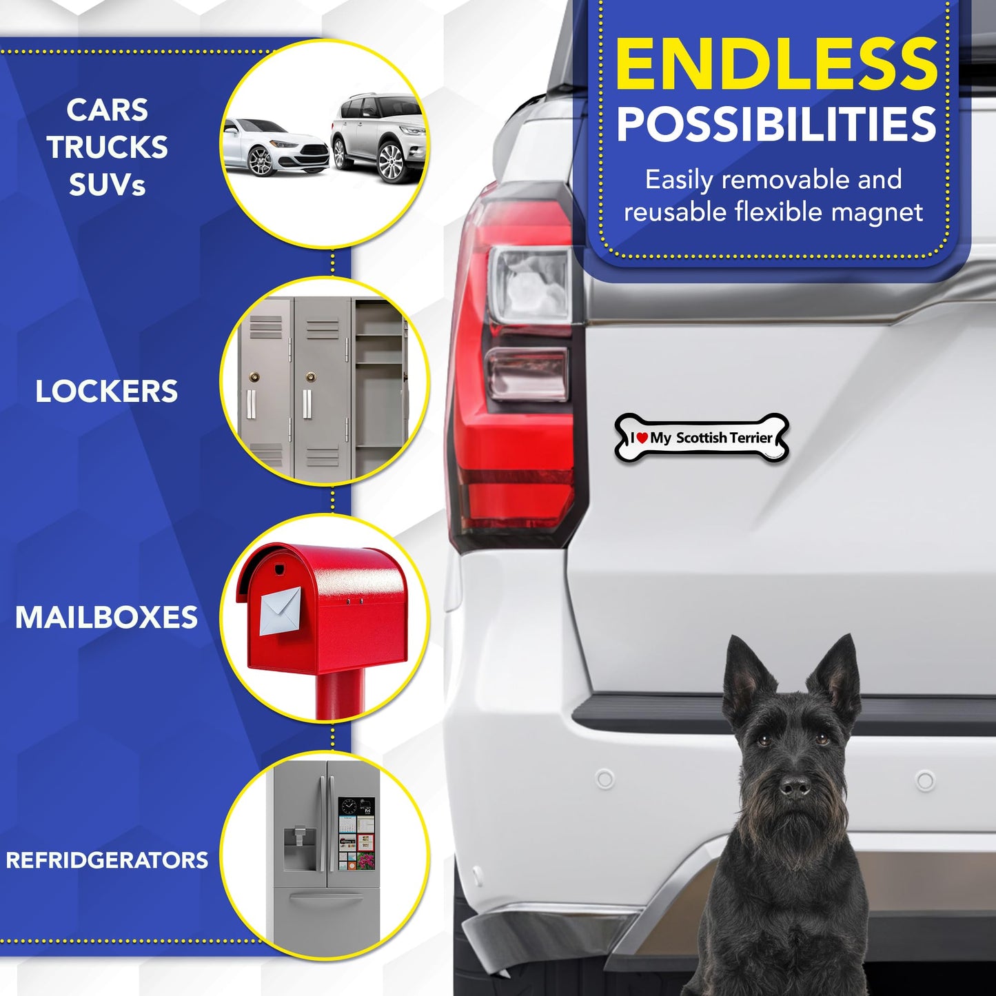 Magnet Me Up I Love My Scottish Terrier Dog Car Magnet - 2x7 Inches Bone-Shaped Magnetic Decal for Cars, Trucks and SUVs, Ideal Gifts for Dog Lovers, UV-Printed Vinyl Weatherproof, Crafted in USA