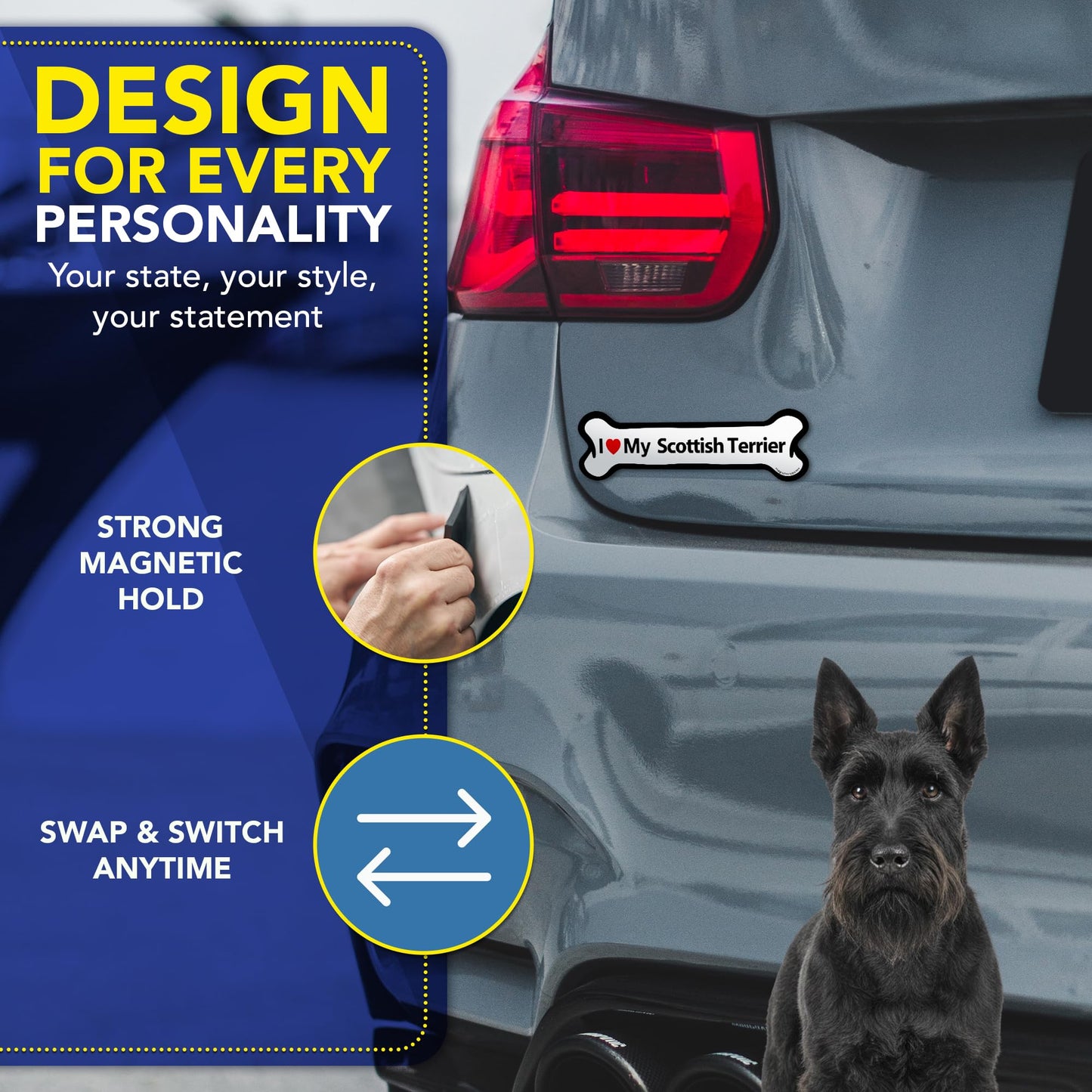 Magnet Me Up I Love My Scottish Terrier Dog Car Magnet - 2x7 Inches Bone-Shaped Magnetic Decal for Cars, Trucks and SUVs, Ideal Gifts for Dog Lovers, UV-Printed Vinyl Weatherproof, Crafted in USA