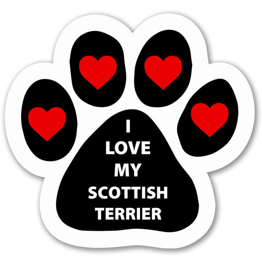 Magnet Me Up I Love My Scottish Terrier Dog Car Magnet - 5 Inches Pawprint-Shaped Magnetic Decal for Cars, Trucks and SUVs, Ideal Gifts for Dog Lovers, UV-Printed Vinyl Weatherproof, Crafted in USA