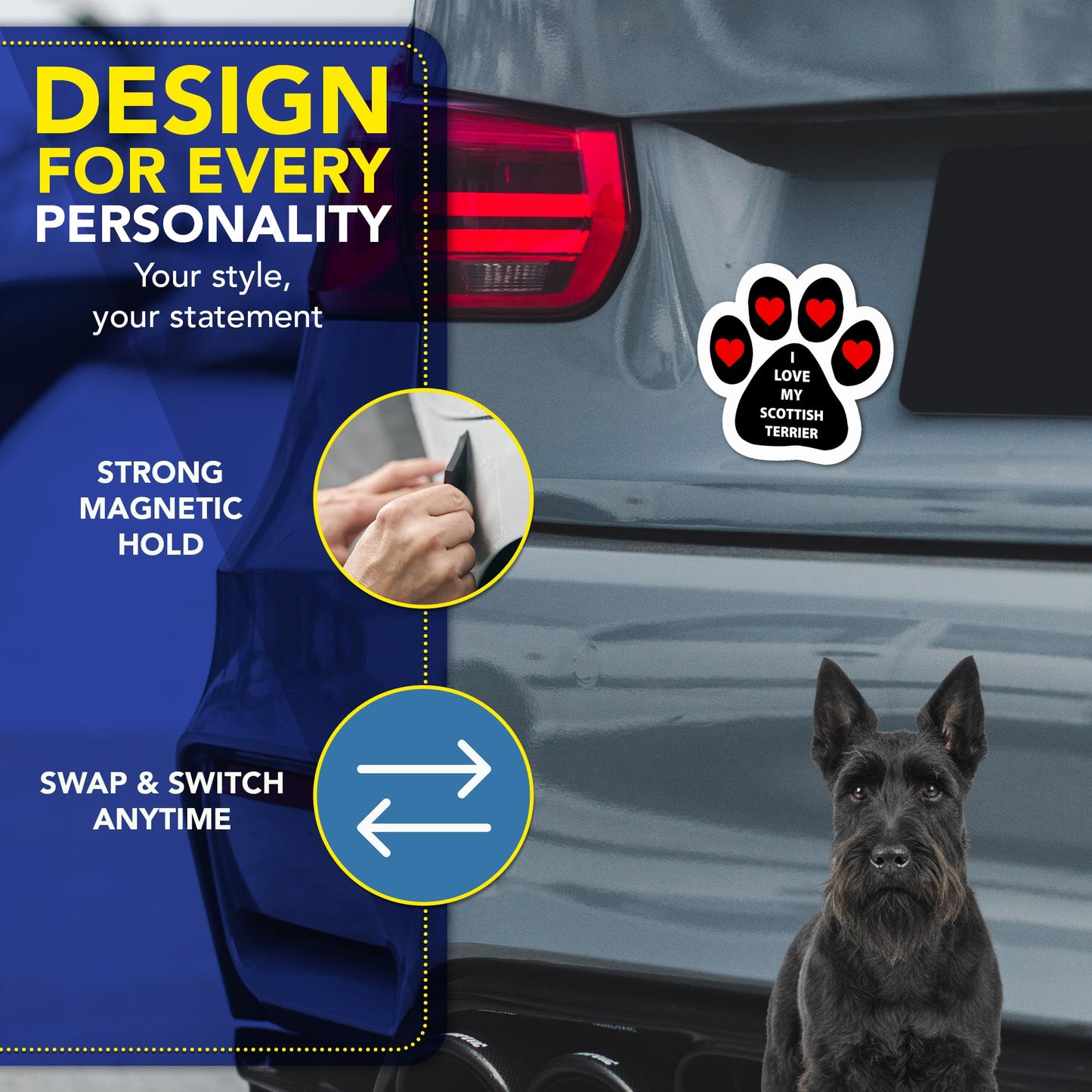 Magnet Me Up I Love My Scottish Terrier Dog Car Magnet - 5 Inches Pawprint-Shaped Magnetic Decal for Cars, Trucks and SUVs, Ideal Gifts for Dog Lovers, UV-Printed Vinyl Weatherproof, Crafted in USA