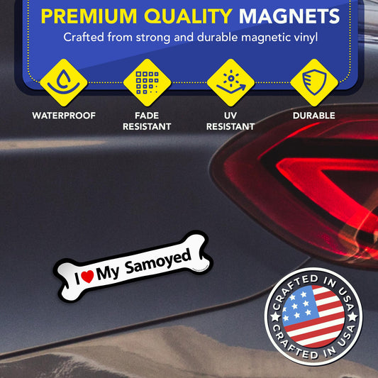 Magnet Me Up I Love My Samoyed Dog 2x7 Inches Bone-Shaped Car Magnet - Ideal Gift for Dog Lover, Magnetic Decal for Cars, Trucks & SUVs, Vinyl Weatherproof, Full-Color UV Printed, Crafted in USA