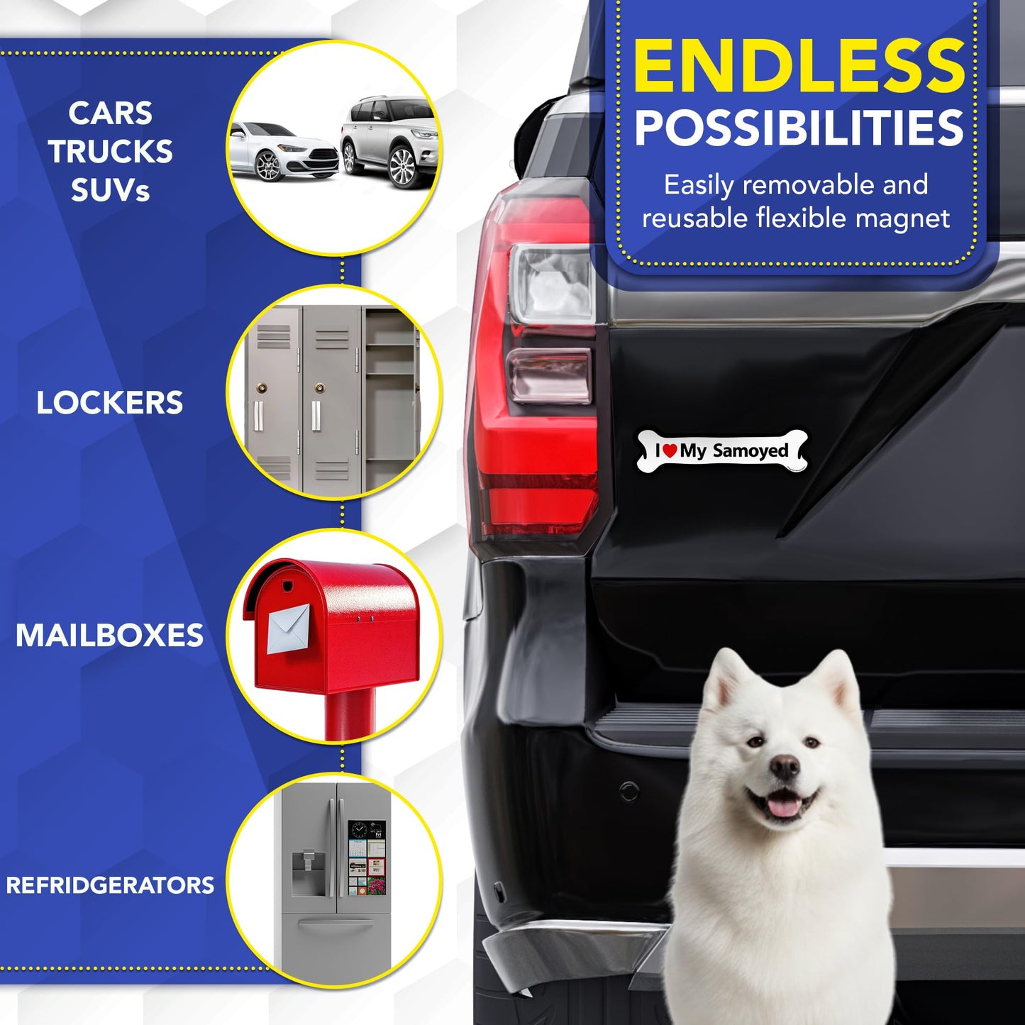 Magnet Me Up I Love My Samoyed Dog 2x7 Inches Bone-Shaped Car Magnet - Ideal Gift for Dog Lover, Magnetic Decal for Cars, Trucks & SUVs, Vinyl Weatherproof, Full-Color UV Printed, Crafted in USA